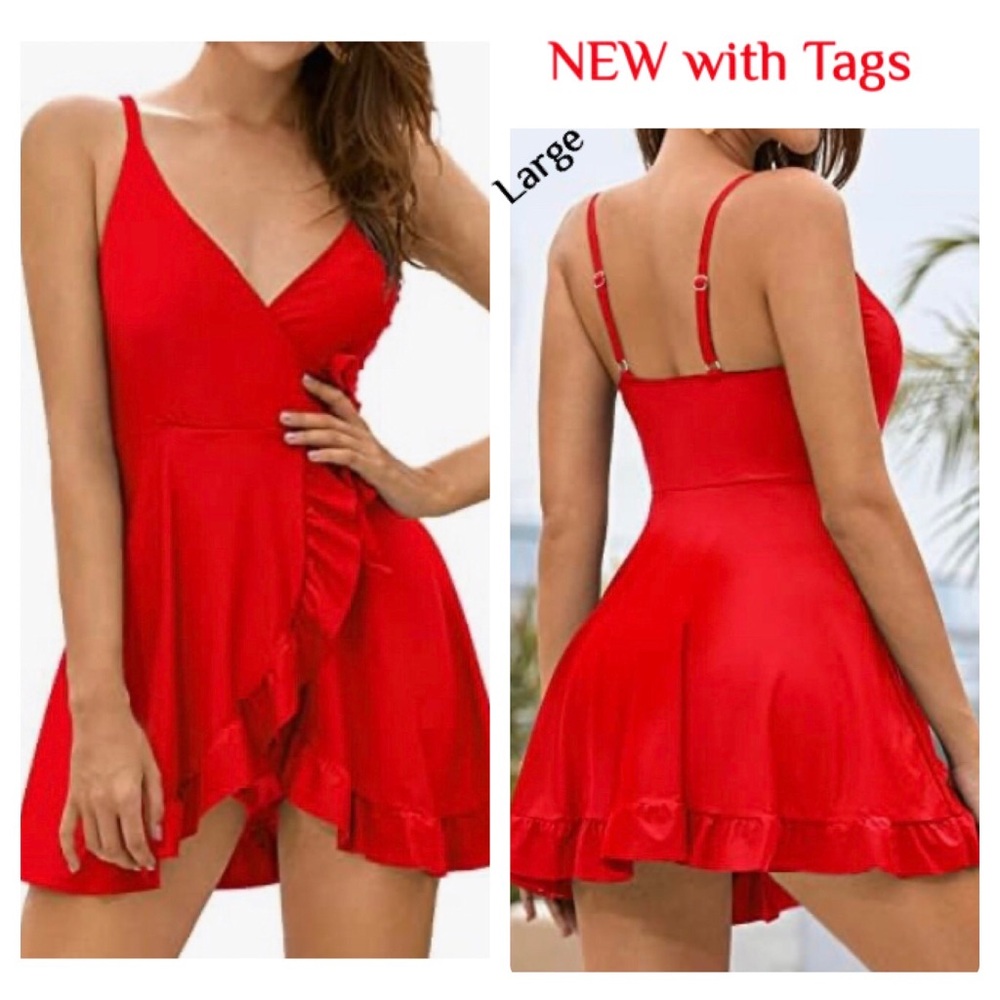 Red Ruffled Wrap One Piece - Picture 1 of 5